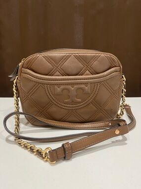 Tory Burch Brown Quilted Leather Crossbody with Gold Chain.